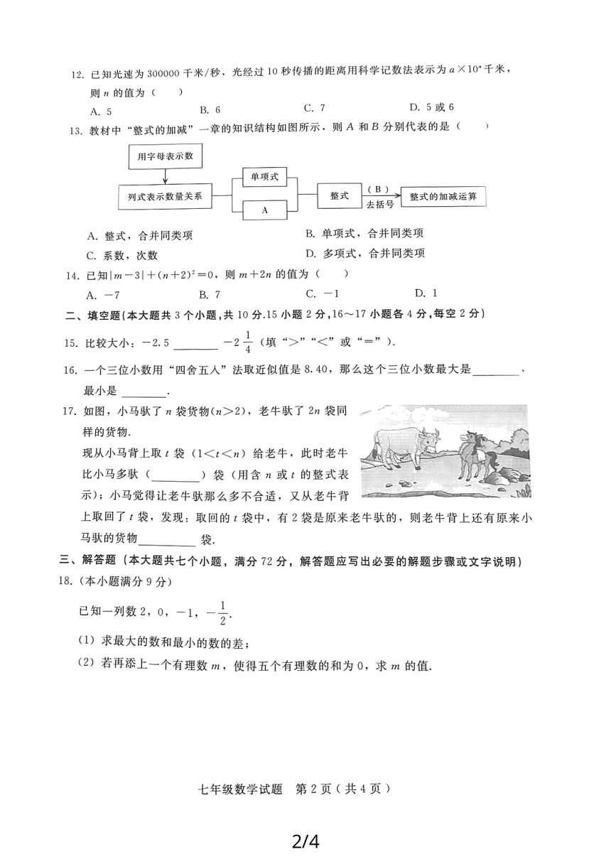 陕西省西安市高陵县2023-2024学年七年级上学期期中教学素养测评数学试题（pdf、无答案）