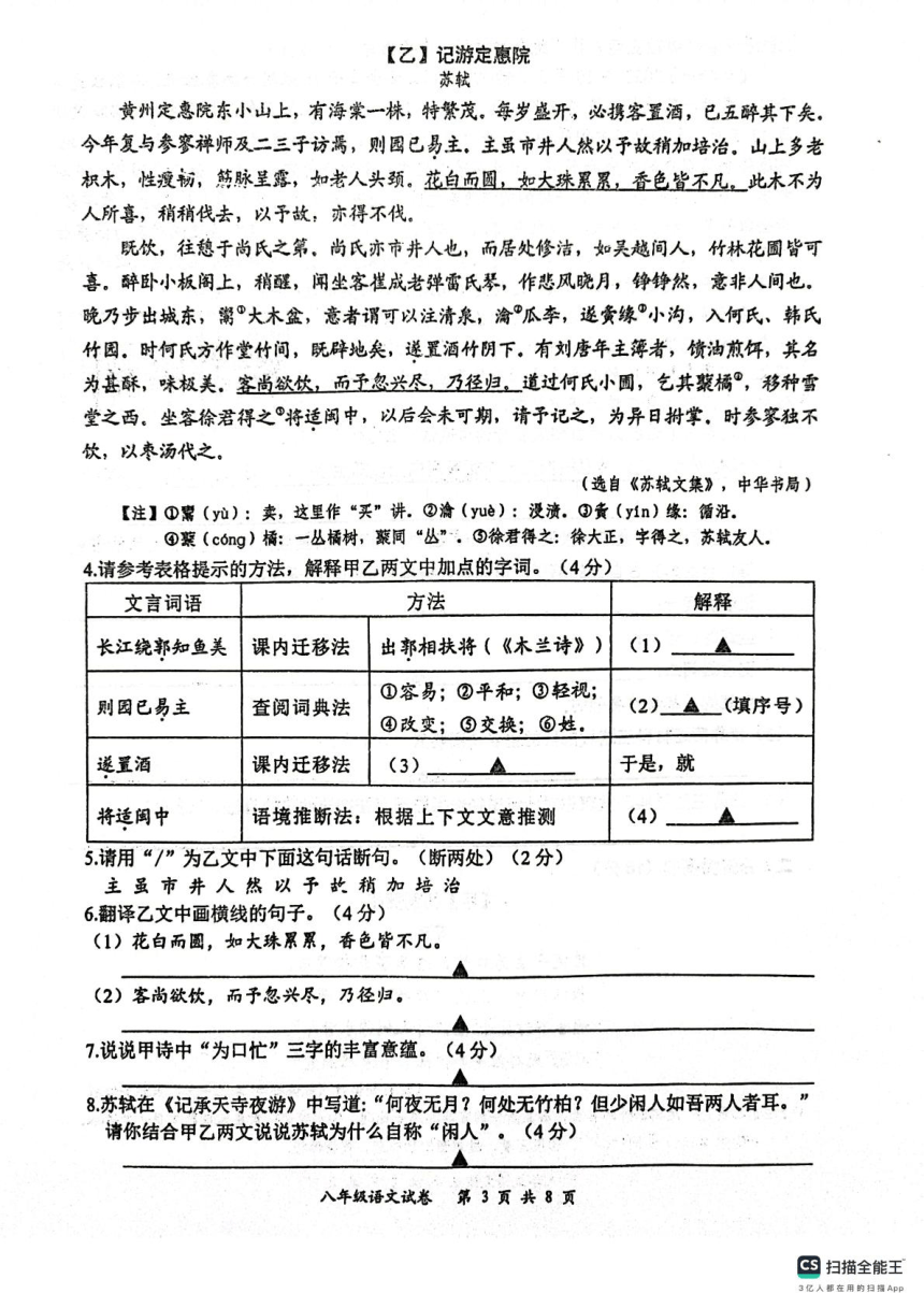江苏省宿迁市泗阳县2023-2024学年八年级上学期11月期中考试语文试题 （扫描版，含答案）