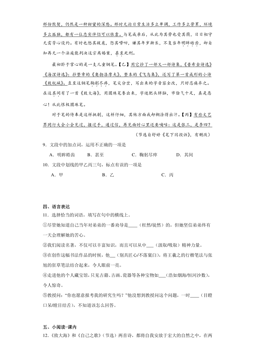 13.2《致大海》同步练习（含答案）2023-2024学年统编版高中语文选择性必修中册