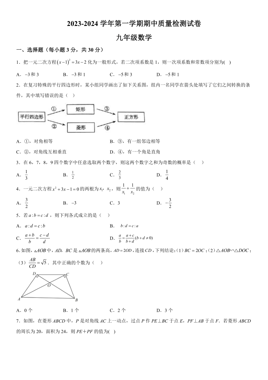 河南省平顶山市叶县2023-2024学年九年级上学期期中数学试题  (含解析)