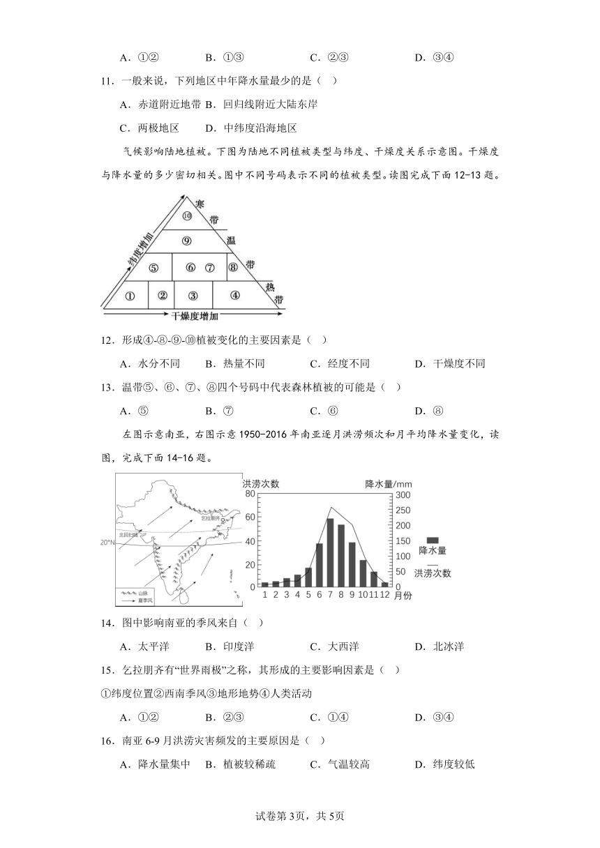 2023-2024年人教版地理七年级上册第三章《天气与气候》同步训练（含答案）