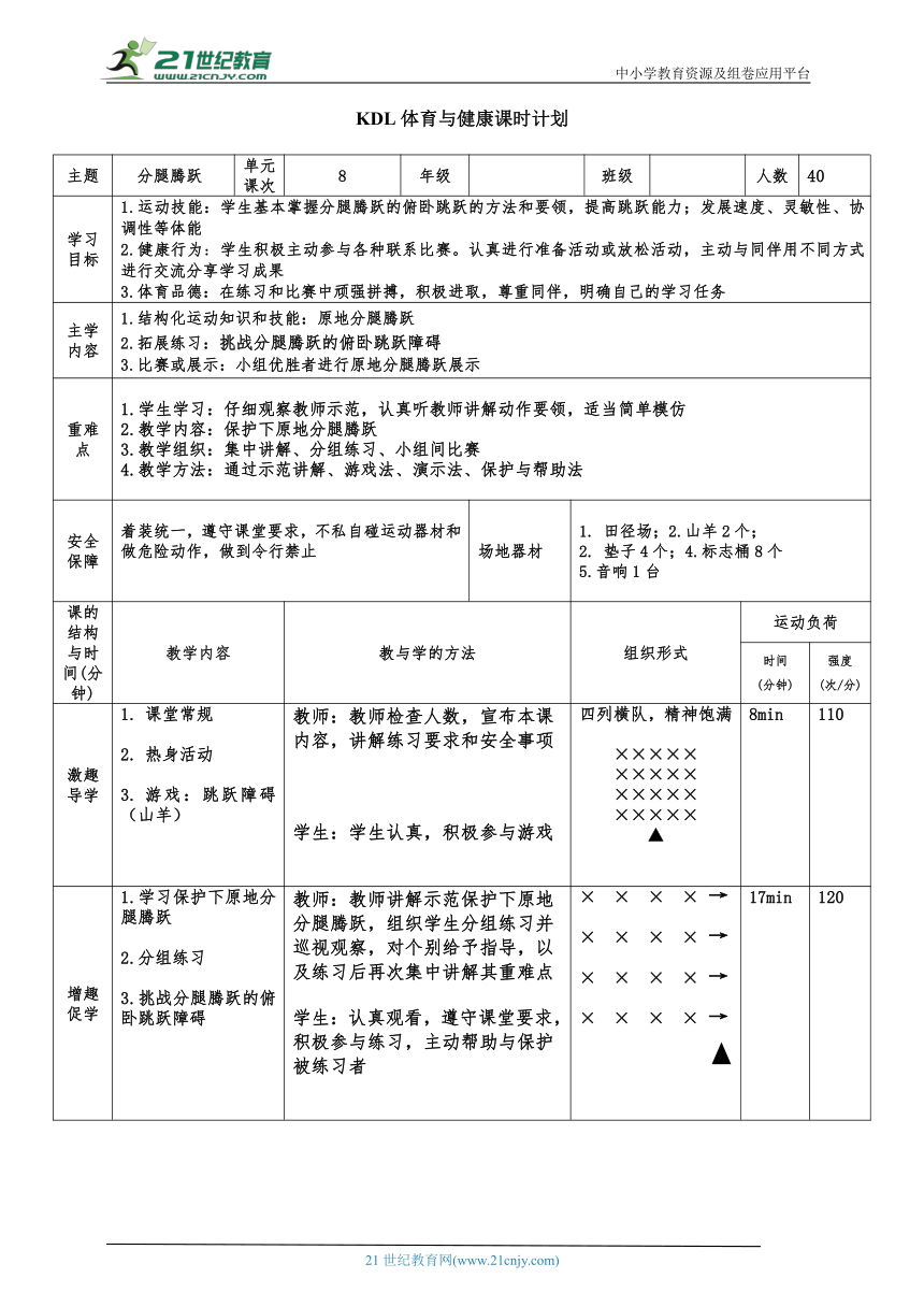 体育4年级 分腿腾跃  8分腿腾跃 大单元课时教案