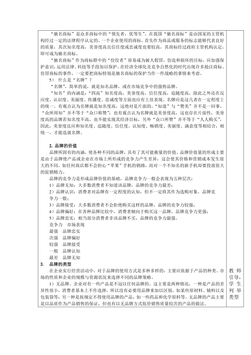 中职语文出版社《电子整机及产品营销实务》  模块 三  电子电器产品的产品策略3．2 熟悉电子电器产品的品牌与包装 教案 （表格式）