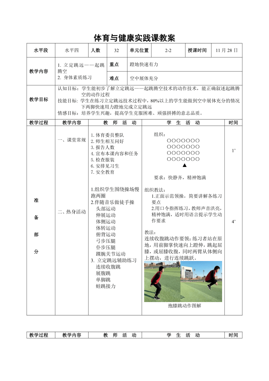 2023—2024学年人教版初中体育与健康七年级全一册第二章　田径——立定跳远——起跳腾空教案（表格式）