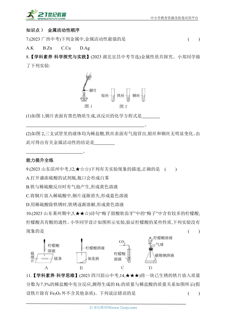 2024沪教版化学九年级下学期课时练--第1课时　常见的酸