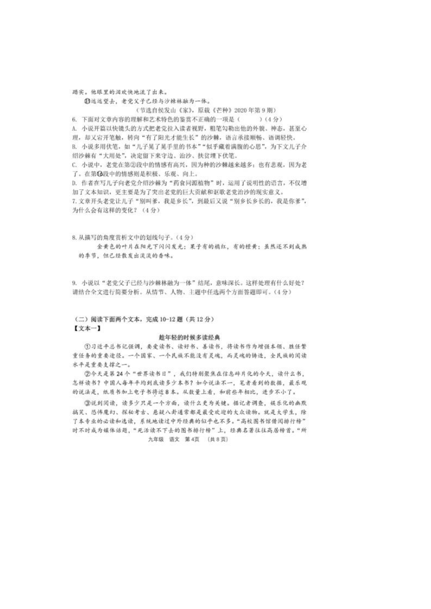 河南省郑州市名校2023-2024学年上学期期中考试九年级语文试题（图片版含答案）