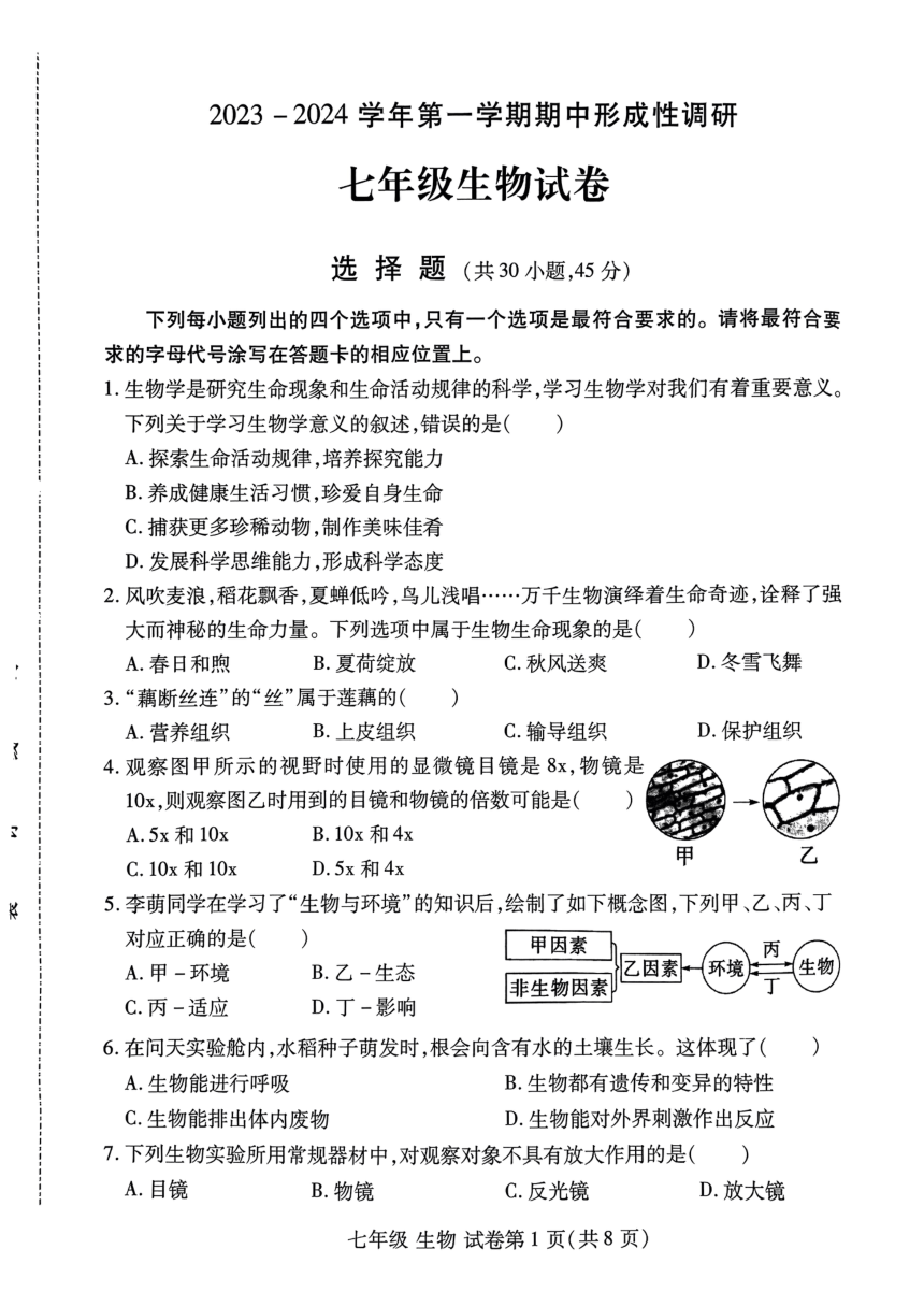 河南省洛阳市2023-2024学年七年级上学期期中生物试卷（PDF版含答案）