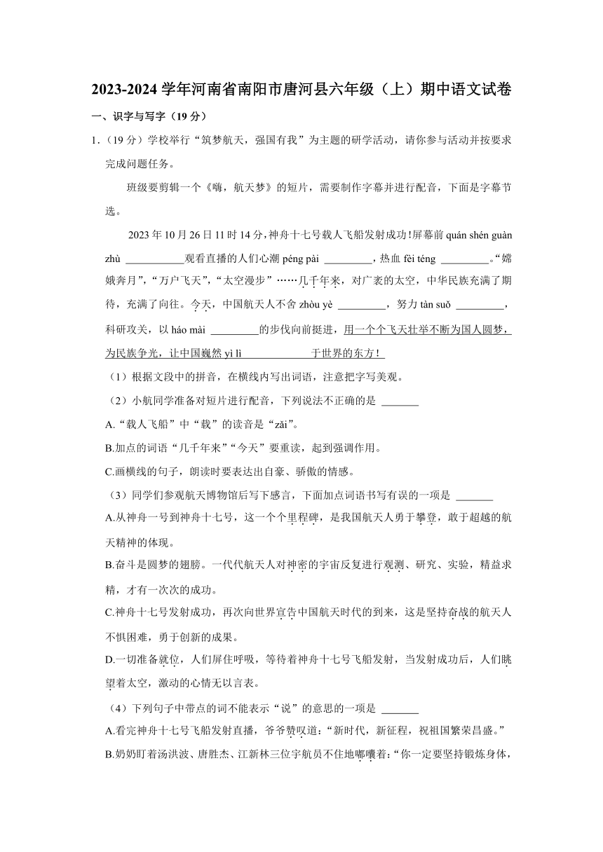 河南省南阳市唐河县2023-2024学年六年级上学期11月期中语文试题（有解析）