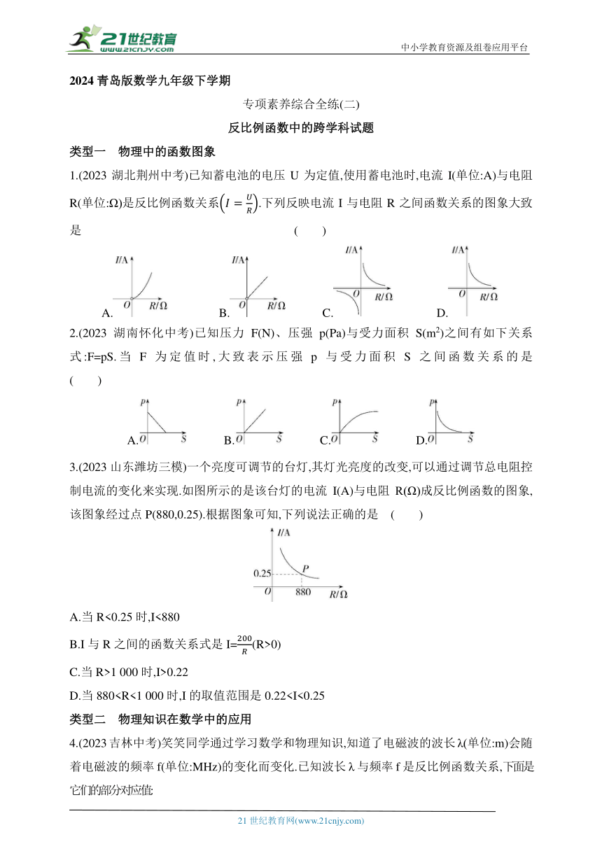 2024青岛版数学九年级下学期课时练--专项素养综合全练（二）反比例函数中的跨学科试题（含解析）