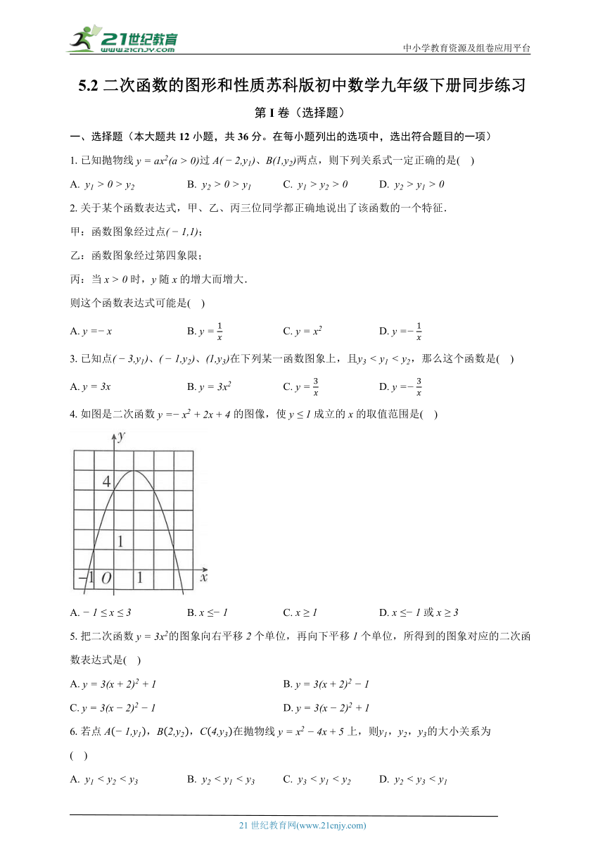 5.2二次函数的图形和性质 苏科版初中数学九年级下册同步练习（含解析）