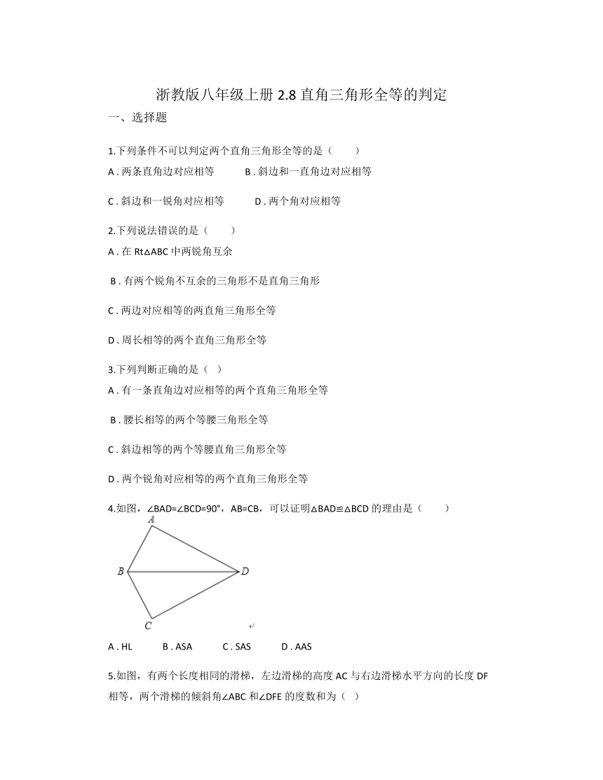 2.8 直角三角形全等的判定 同步练习（无答案） 浙教版八年级数学上册