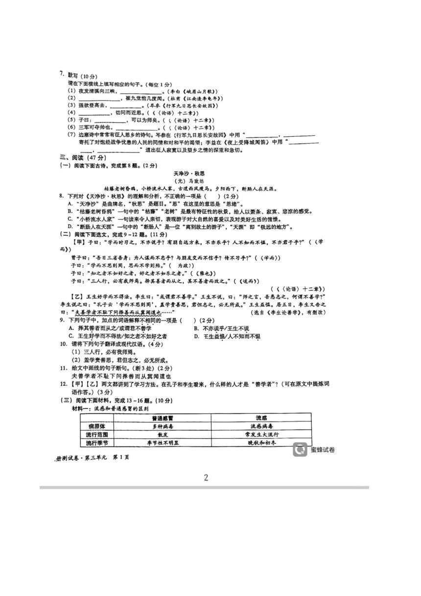 广东省深圳市统编版语文七年级上册第三单元测试卷(图片版，含答案）