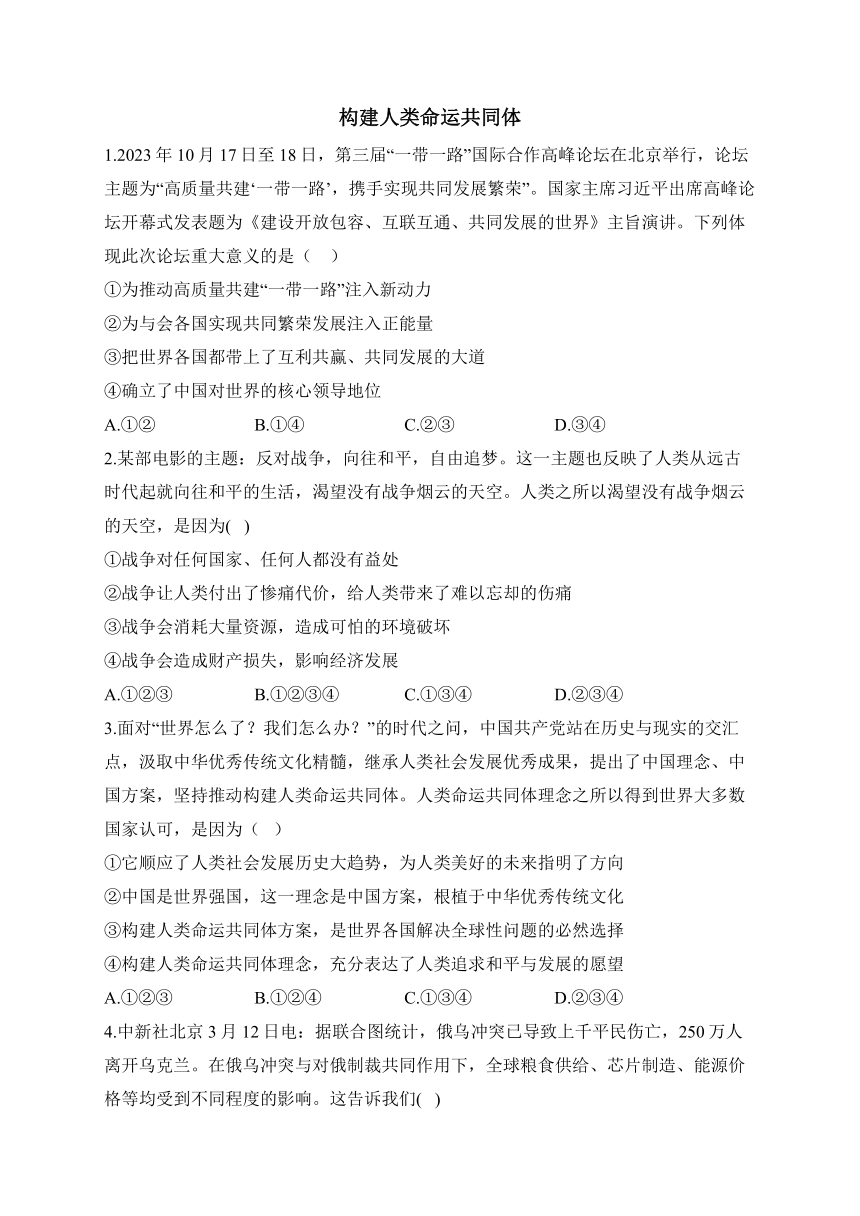 （12）构建人类命运共同体（含解析）——2023-2024学年九年级道德与法治统编版寒假巧练习