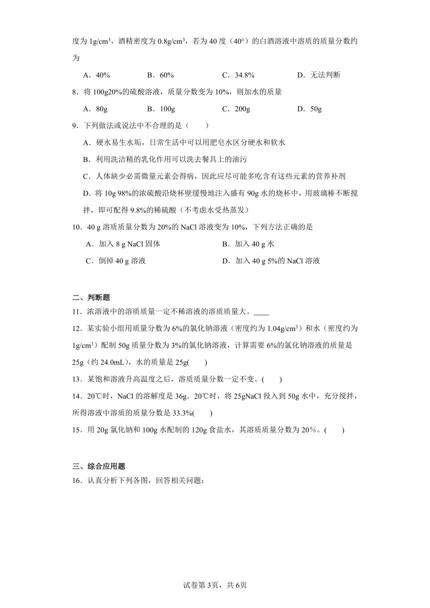 7.3溶液稀释的表示同步练习（含解析） 科粤版（2012）化学九年级下册