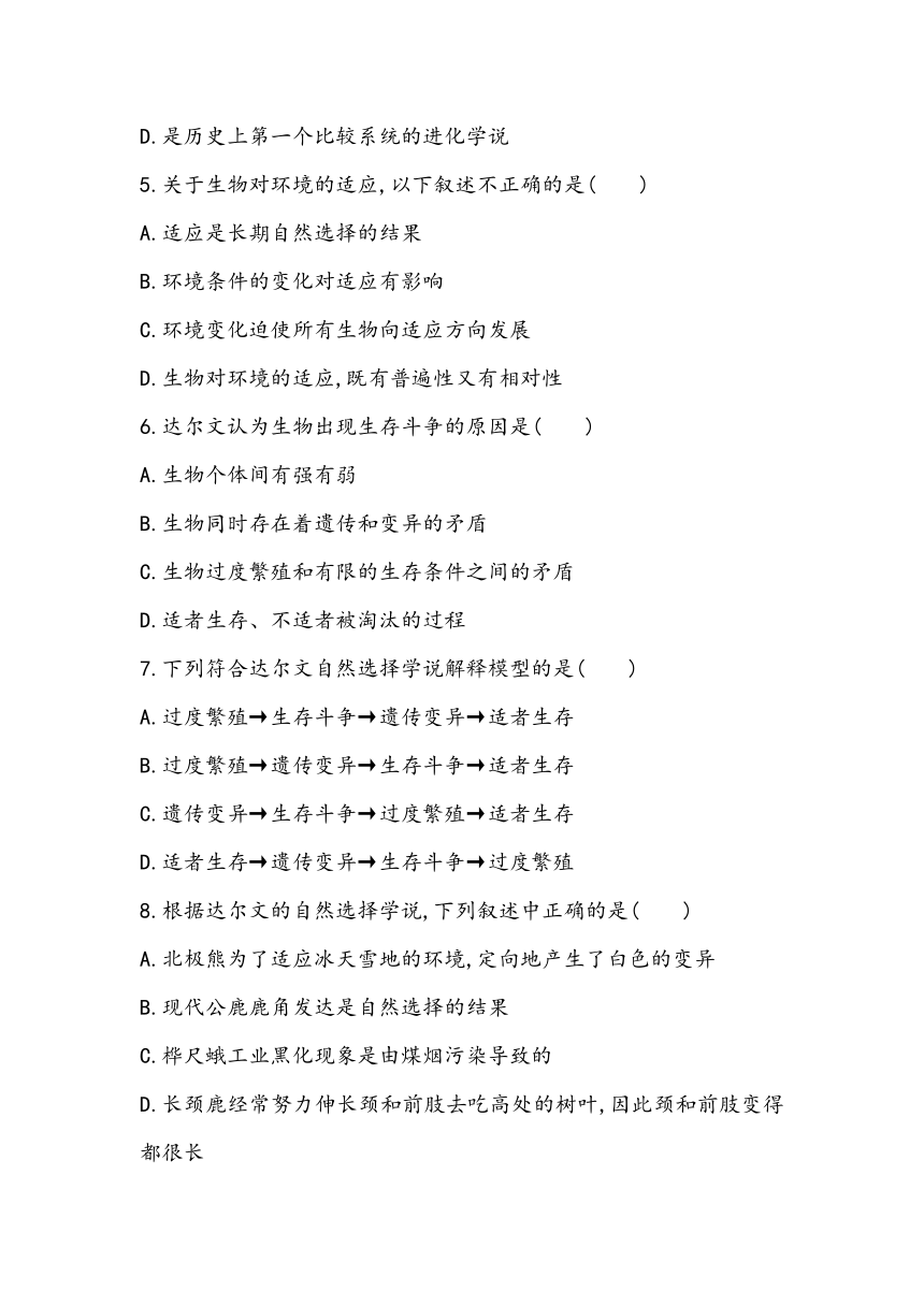 6.2《自然选择与适应的形成》课时同步练2023~2024学年高中生物人教版（2019）必修2（含答案）