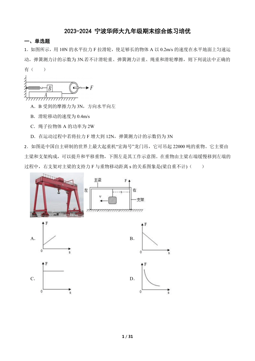 2023-2024学年华师大版科学九年级上册期末综合练习培优（含解析）