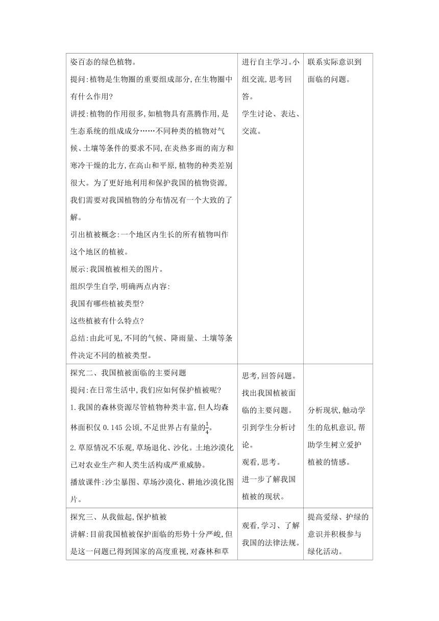 3.6爱护植被,绿化祖国教案（表格式）2023--2024学年人教版生物七年级上册