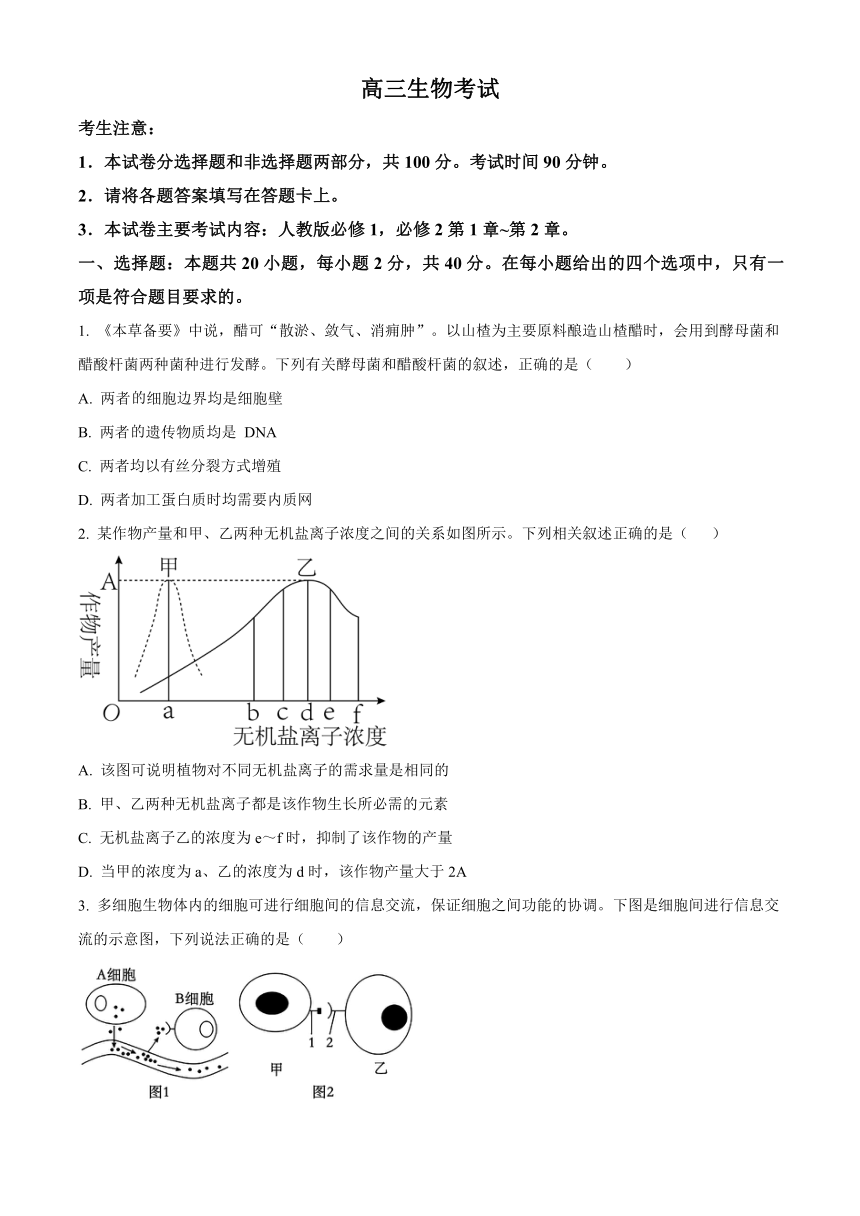 内蒙古部分名校2023-2024学年高三上学期期中联考试题生物（解析版）