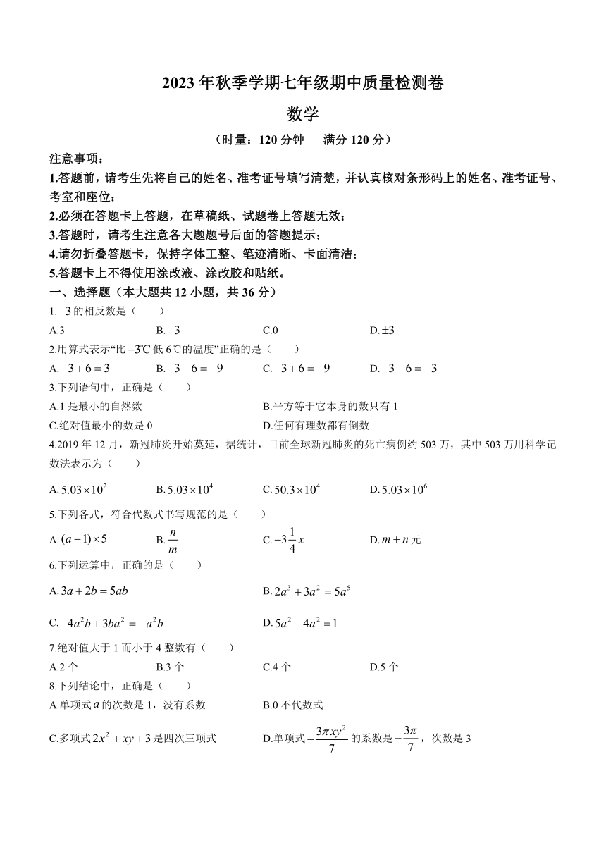 湖南省娄底市市直学校联考2023-2024学年七年级上学期期中数学试题(含答案)