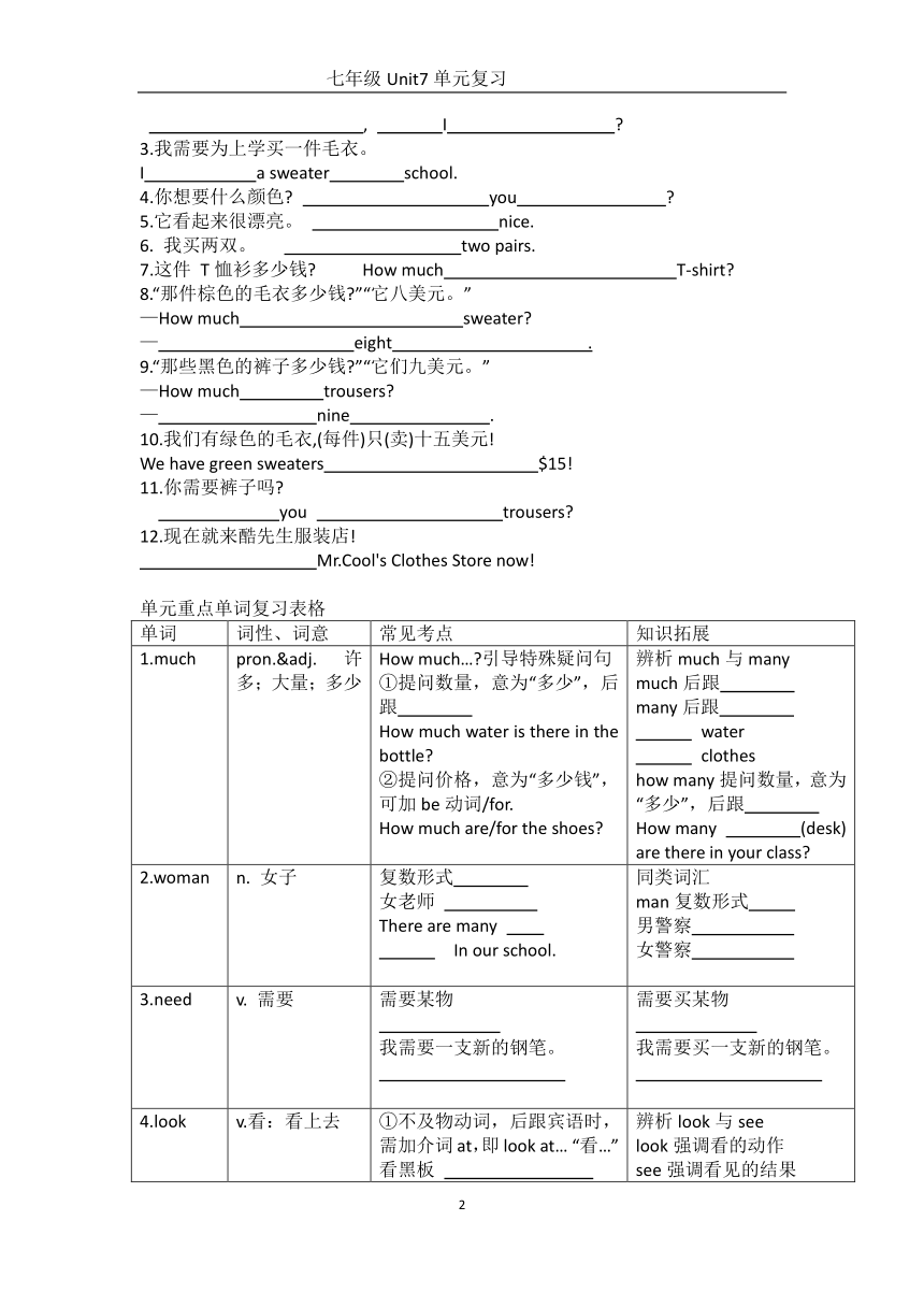 人教版七年级上册 Unit 7 How much are these socks? 知识点梳理及练习（含答案)