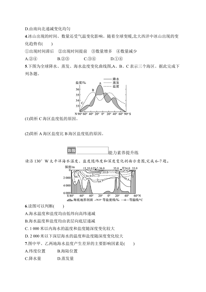 2023-2024学年高中地理人教版2019必修第一册课后习题 第3章 地球上的水 第2节 海水的性质（含答案）