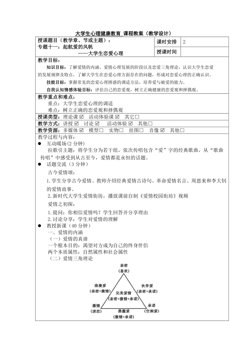 专题十一起航爱的风帆 教案（表格式）《大学生心理健康教育》（高教版）