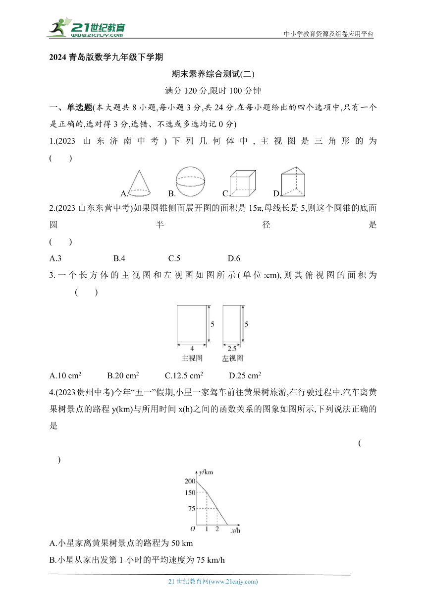 2024青岛版数学九年级下学期课时练--期末素养综合测试(二)（含解析）