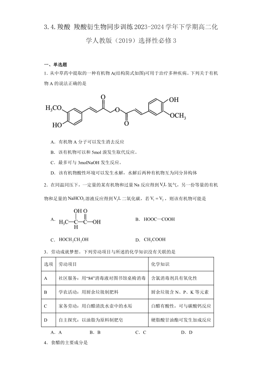 3.4.羧酸 羧酸衍生物 同步训练（含解析） 2023-2024学年高二下学期化学人教版（2019）选择性必修3
