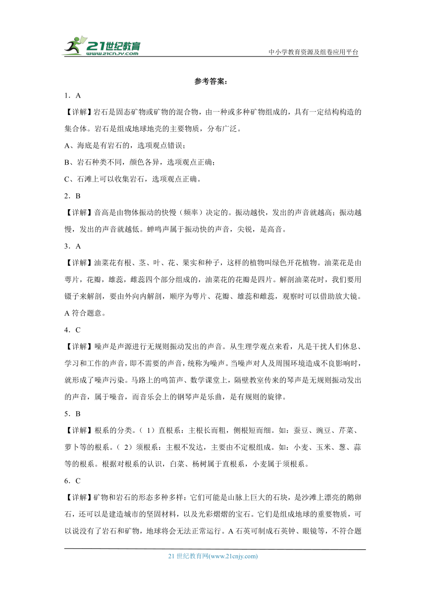 粤教版四年级上册科学期末测试题（含答案）