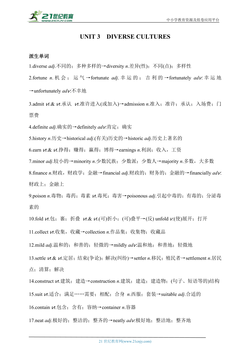 高中英语人教版（2019）必修三派生单词单词变形汇总