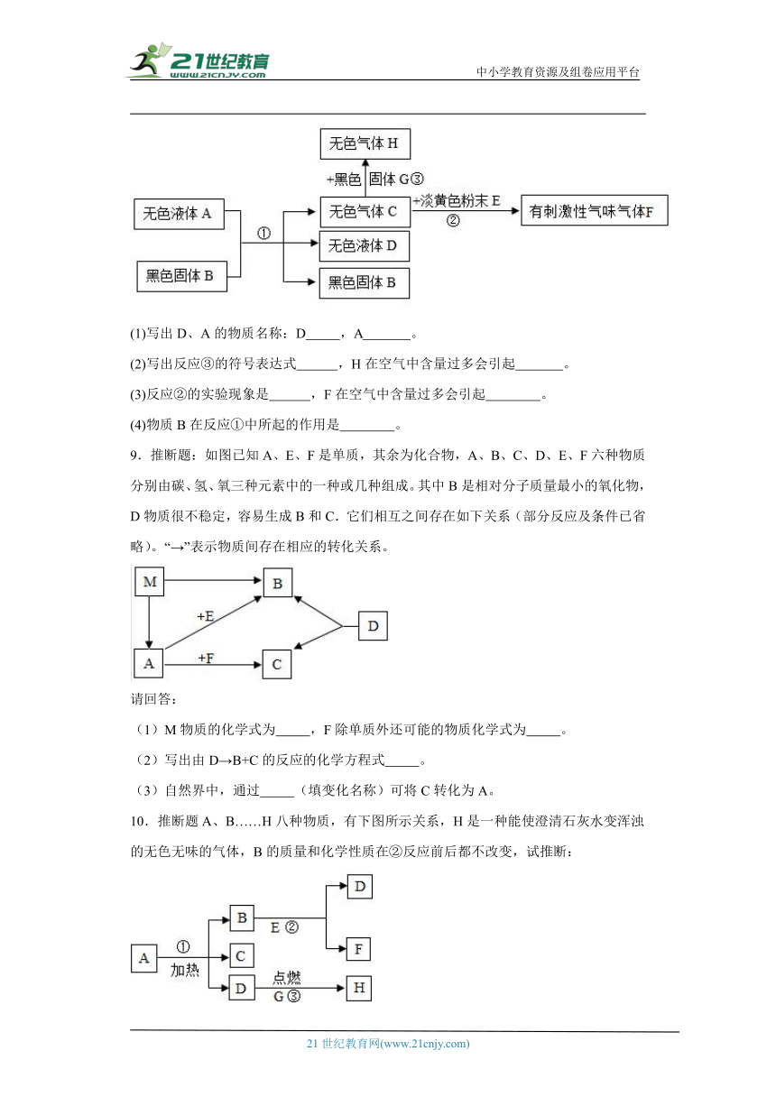 人教版九年级上册化学期末推断题专题训练（含答案）