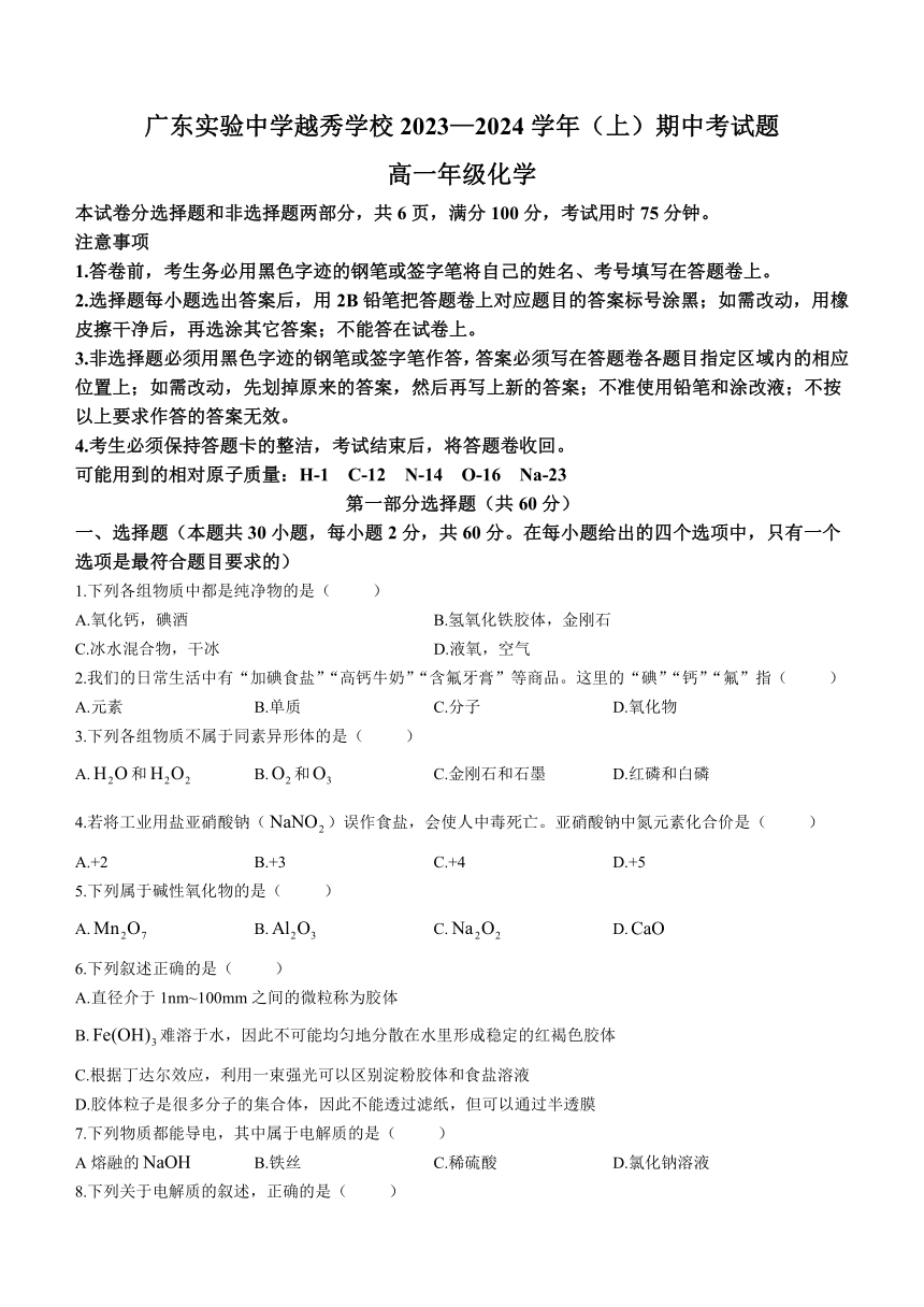 广东省重点中学越秀学校2023-2024学年高一上学期期中考试化学试题（含答案）