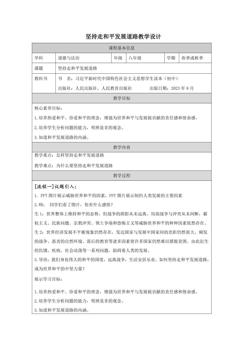 7.2 坚持走和平发展道路（表格式教学设计）-“习近平新时代中国特色社会主义思想读本”（初中）