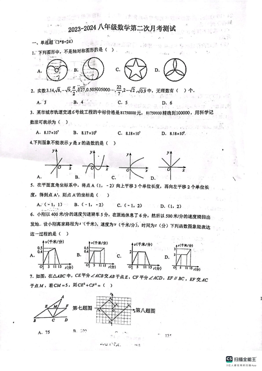 江苏省徐州市邳州市宿羊山初级中学2023-2024学年 八年级上学期第二次月考数学试卷（图片版无答案）