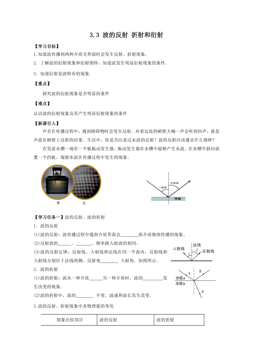 3.3 波的反射、折射和衍射 导学案 高二上学期物理人教版（2019）选择性必修第一册