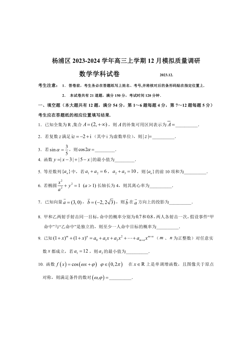 上海市杨浦区2023-2024学年高三上学期12月模拟质量调研数学试题（含答案）