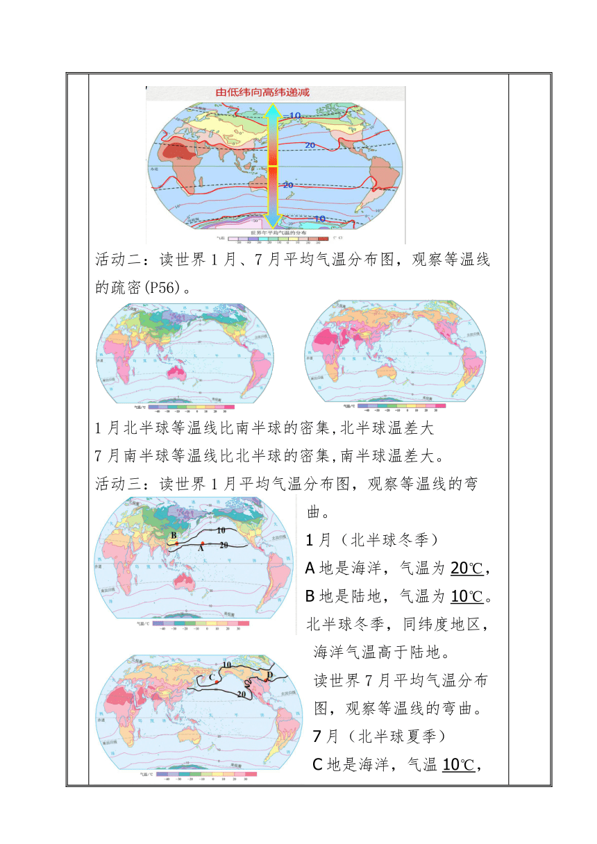 第三章第二节 气温的变化与分布 第二课时《气温的分布》 教案（表格式）2023-2024学年七年级上册地理人教版