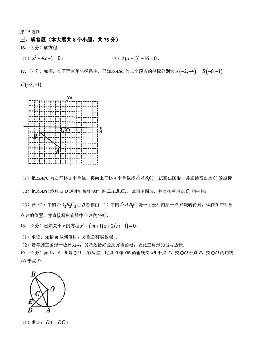 河南省漯河市召陵区2023-2024学年九年级上学期期中数学试题 （图片版含答案）