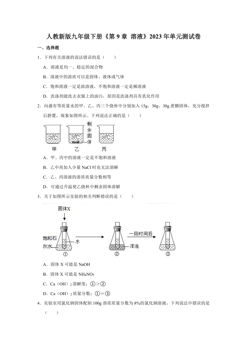 人教新版九年级下册《第9章 溶液》2023年单元测试卷（含解析）