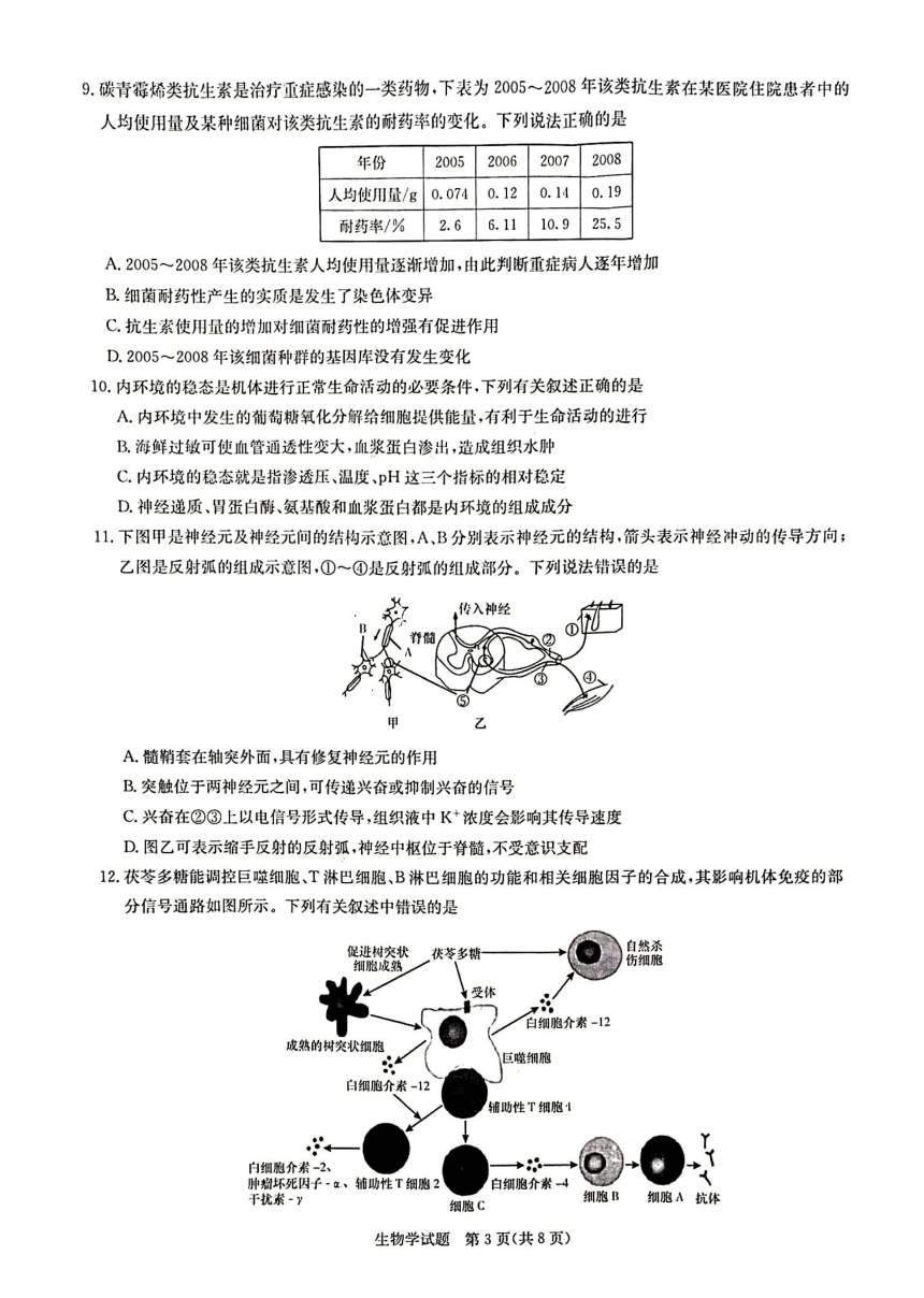 2024届湖南省T8联盟高考模拟预测生物试题（PDF版无答案）
