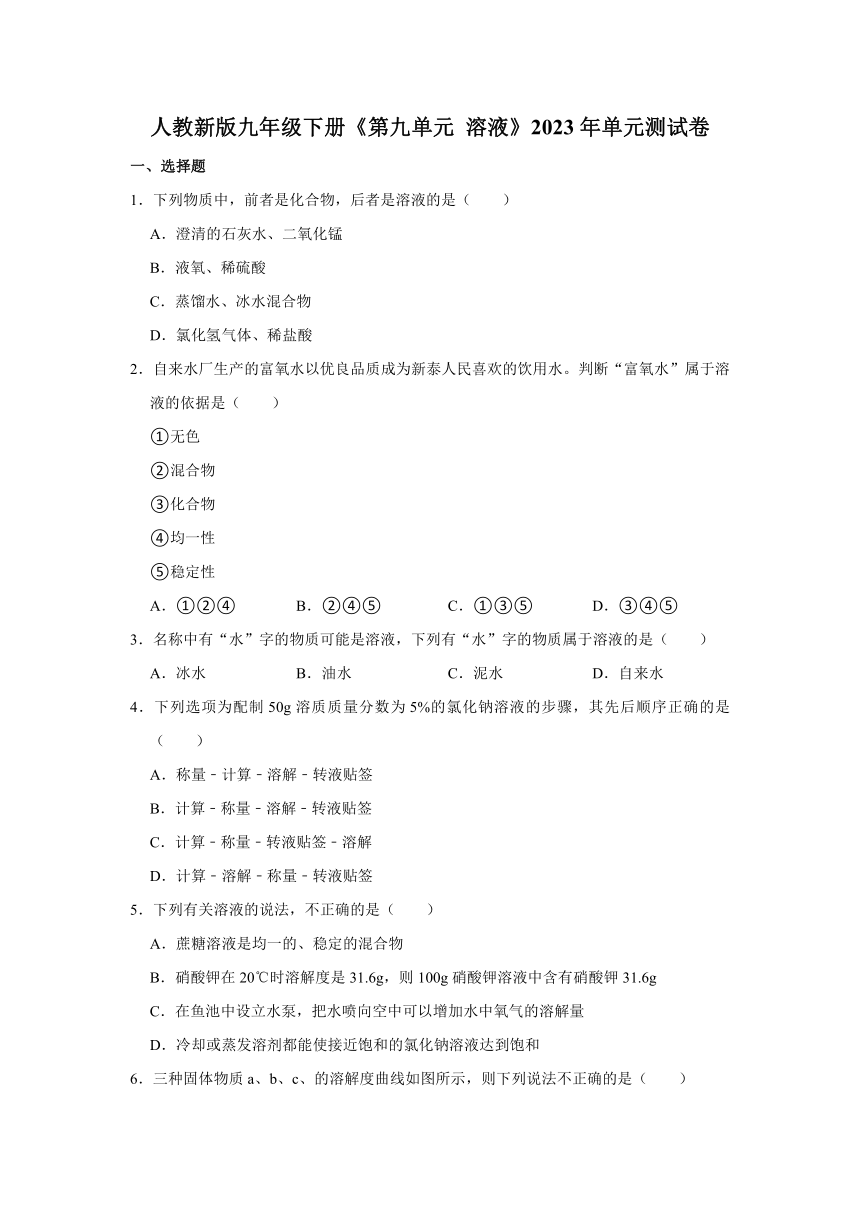 人教新版九年级下册 第九单元 溶液 2023年单元测试卷(含解析)