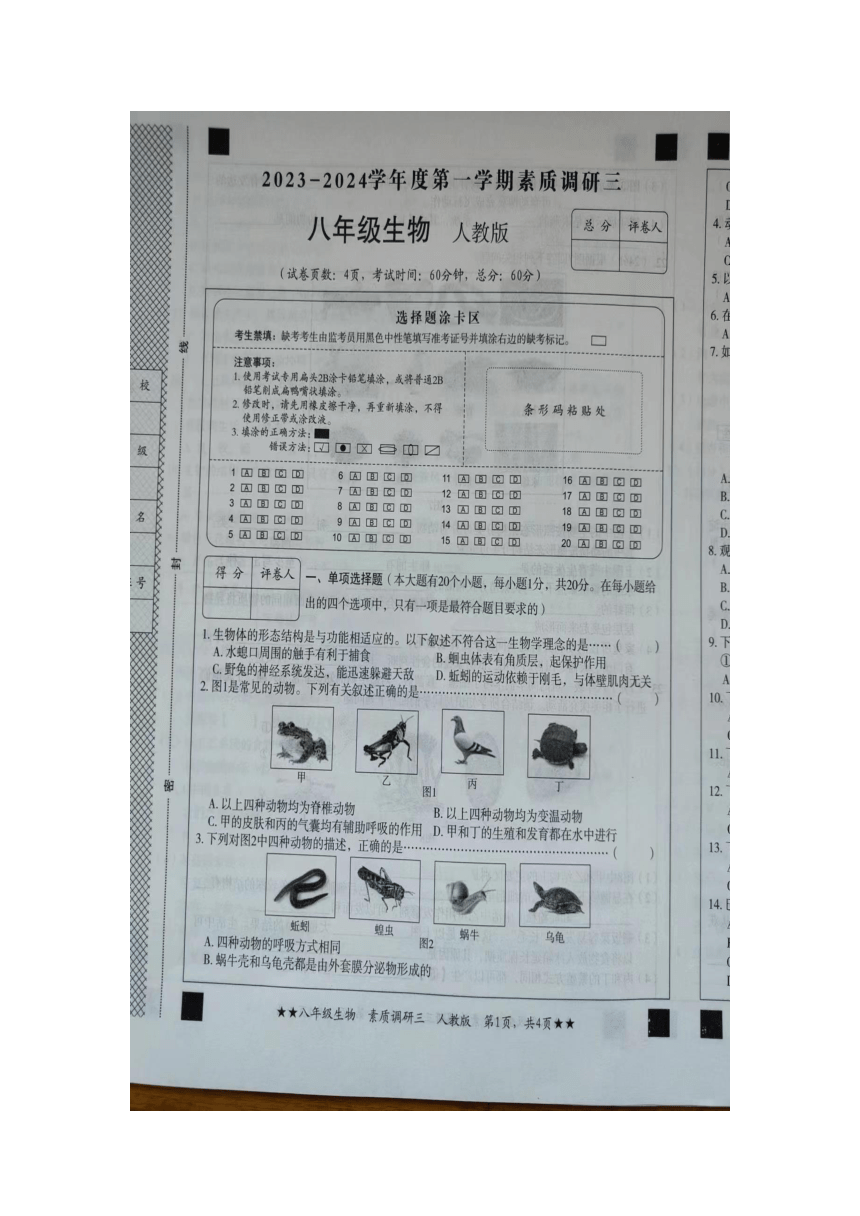 河北省沧州市部分学校2023-2024学年八年级上学期12月月考生物试题（图片版含答案）
