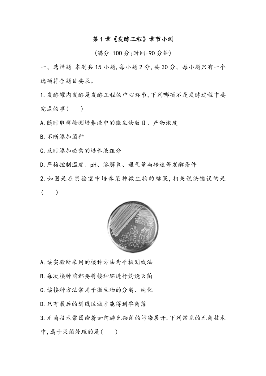 第1章《发酵工程》章节小测2023~2024学年高中生物人教版（2019）选择性必修3（含答案）