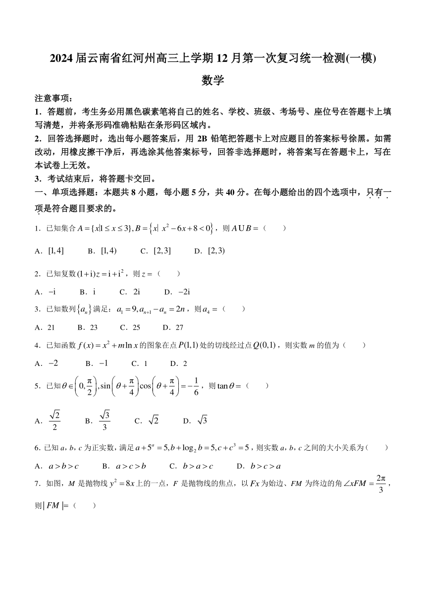 2024届云南省红河州高三上学期12月第一次复习统一检测(一模)数学试卷（含解析）