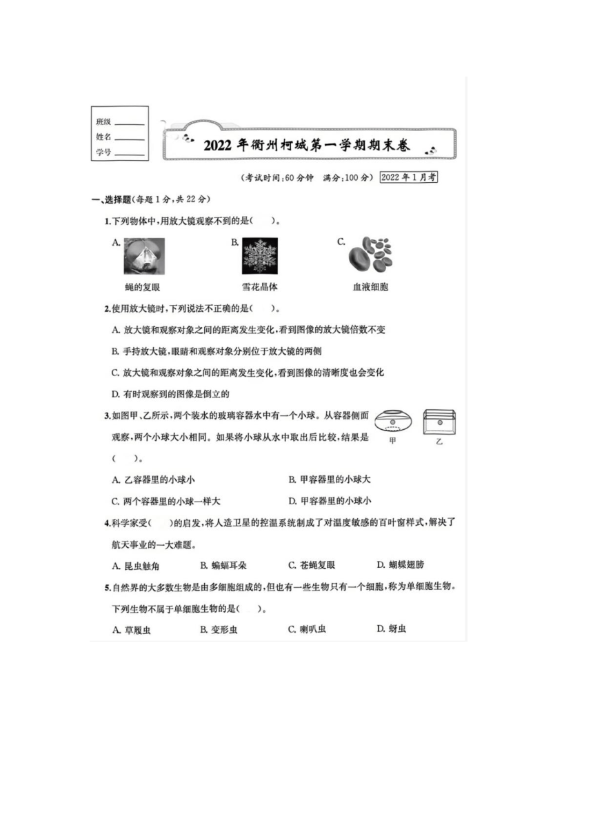 浙江省衢州市柯城区2021-2022学年六年级上学期科学期末试题（图片版，含答案）