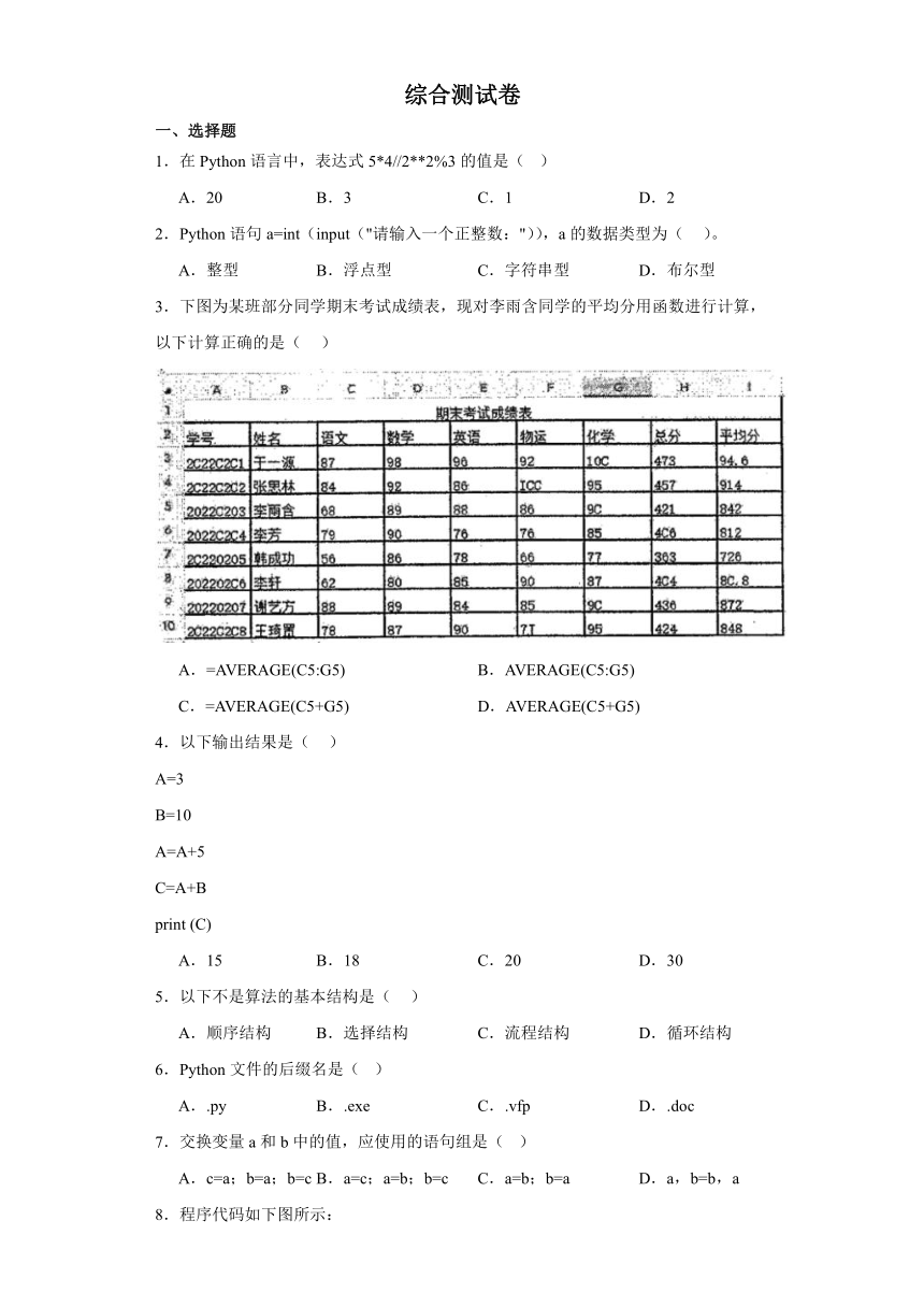 综合测试卷（含答案）-2023—2024学年浙教版高中信息技术（2019）必修1