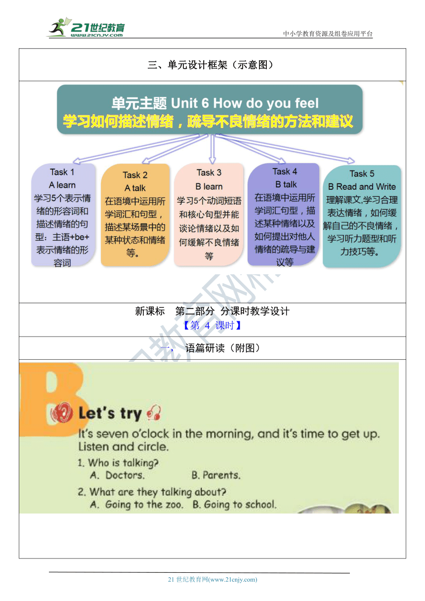 【单元整体教学设计】Unit 6 How Do You Feel PB Let's Talk 教案-21世纪教育网