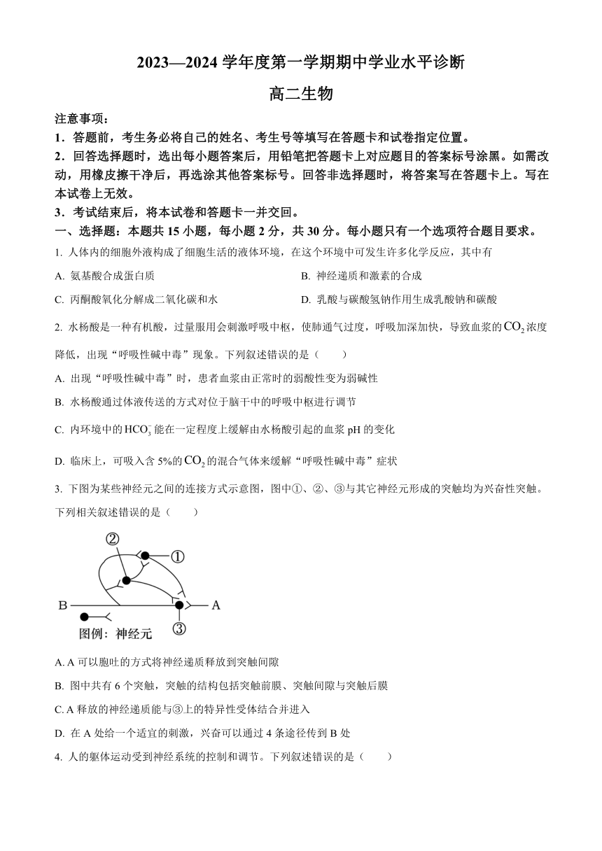 山东省烟台市2023-2024学年高二上学期期中考试生物（含解析）