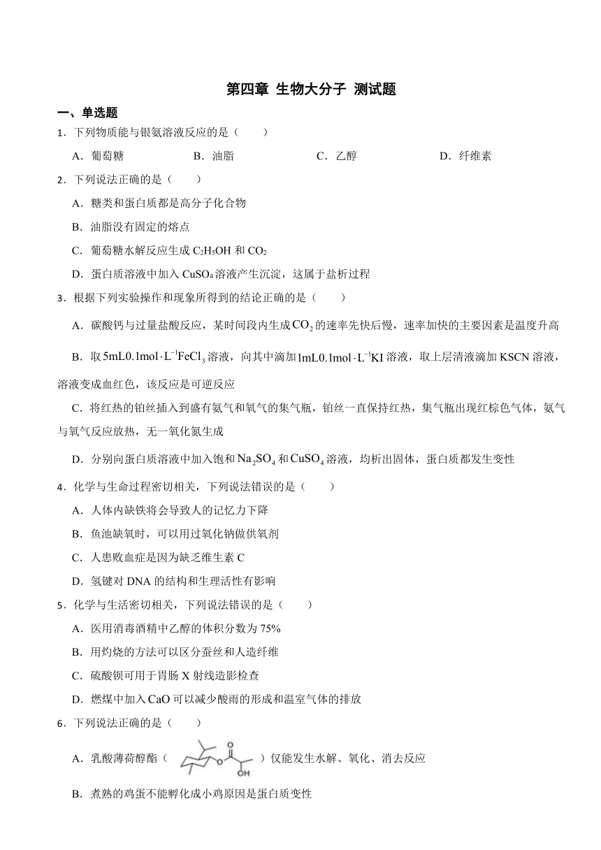 第四章 生物大分子 测试题（含解析） 2023-2024学年高二下学期化学人教版（2019）选择性必修3