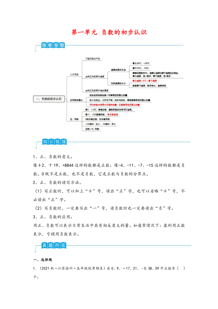 第一单元   负数的初步认识（思维导图 知识梳理 真题演练）五年级数学上册（苏教版）（含解析）